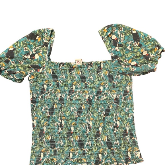 Anthropologie Dolan Green Tropical Toucan Print Smocked Puff Sleeve Top Size S - Picture 1 of 6